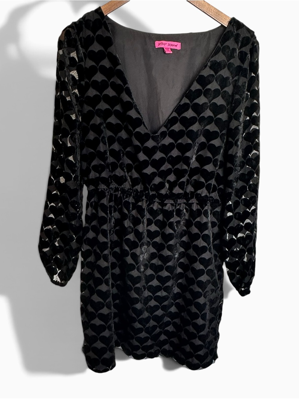 Betsey Johnson Black Velvet Heart Burnout V-Neck Mini Dress Long Sleeve